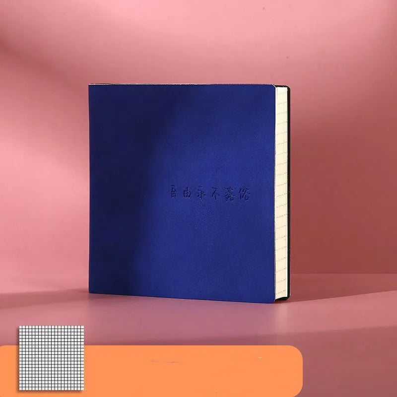 Square faux leather notebook with mesh cover, shown open on blank, checkered, and lined page options.