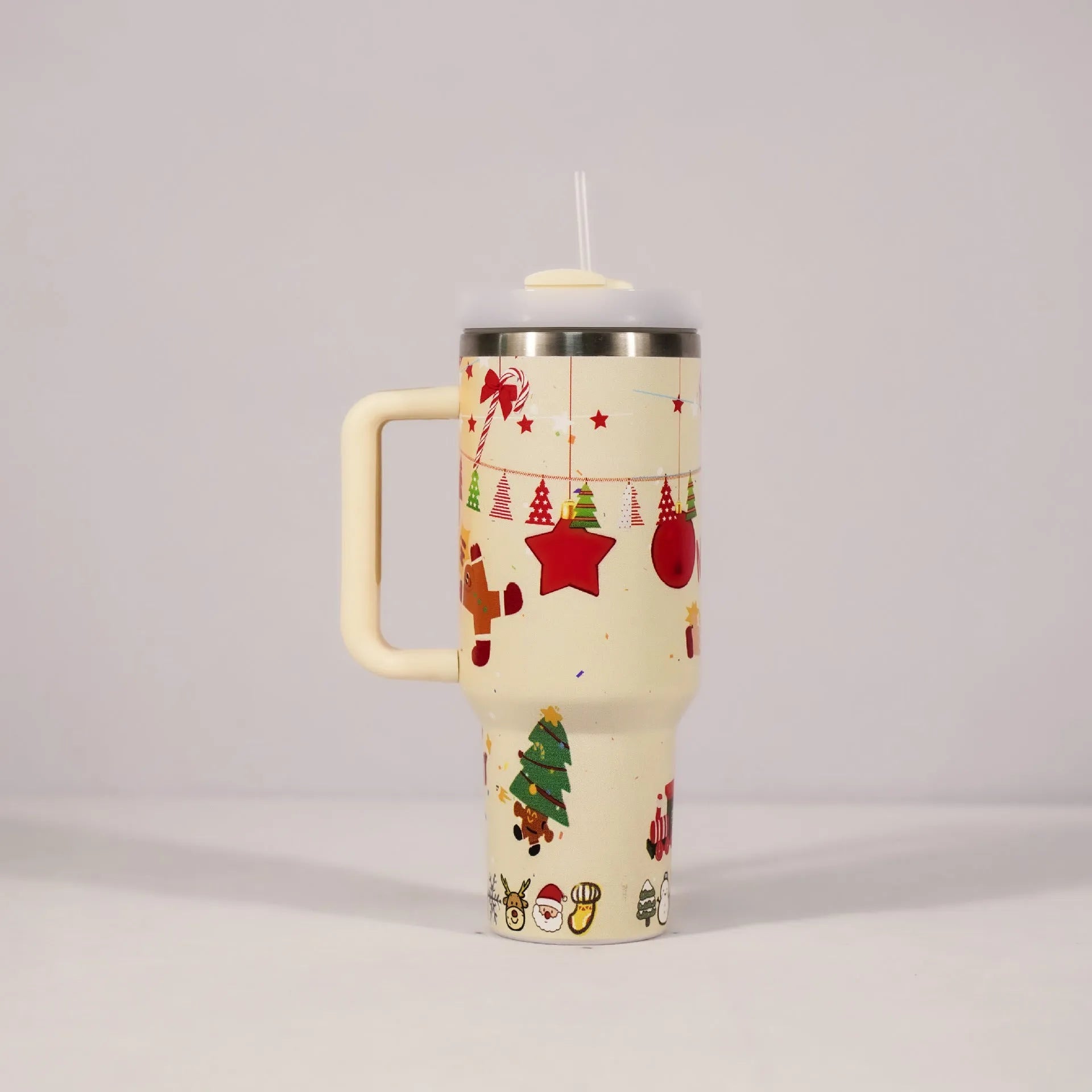 Christmas pattern stainless steel vacuum tumbler with handle, lid and straw - 1200ml capacity travel cup