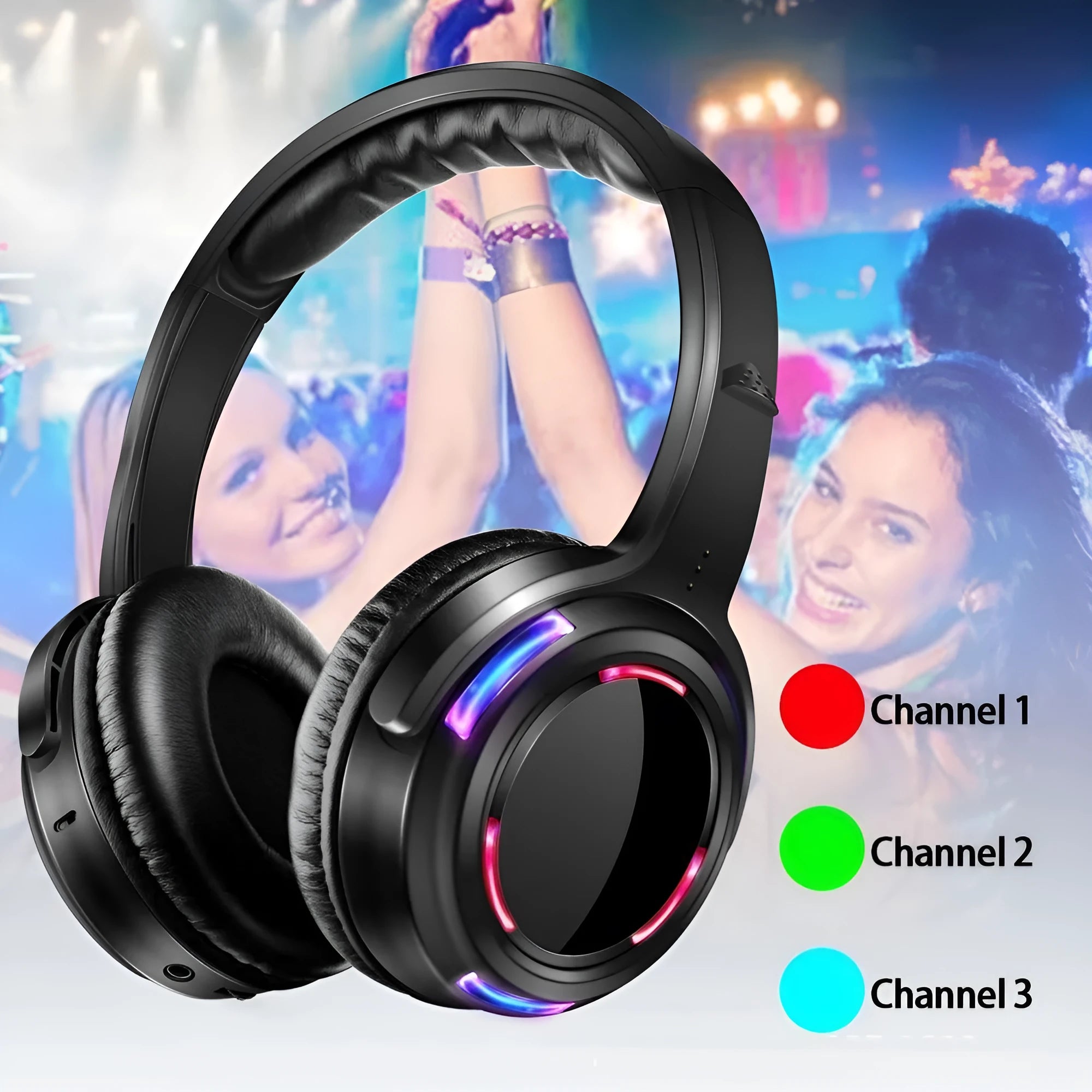 Black silent disco wireless headphones showing head-mounted design and 3.5mm plug.