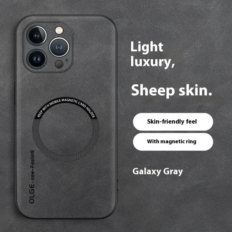 Magnetic Sheepskin All-inclusive Drop-resistant Business Phone Case Compatible with iPhone 12-16 Pro Max Series in Graphite Black Dark Night Green Sapphire Blue Golden Brown Galactic Gray