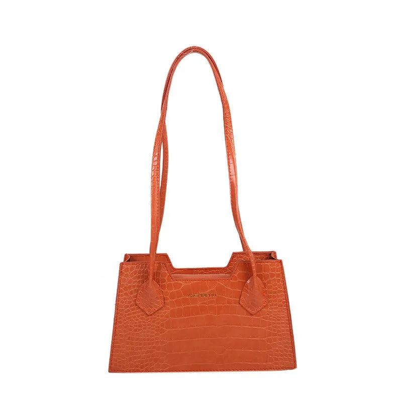 Small square PU handbag with crocodile pattern, sewing line detail, medium hard build, 27x16x7cm, black colour