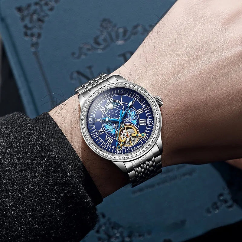 Men's waterproof mechanical watch with stainless steel strap and round dial on a wrist.