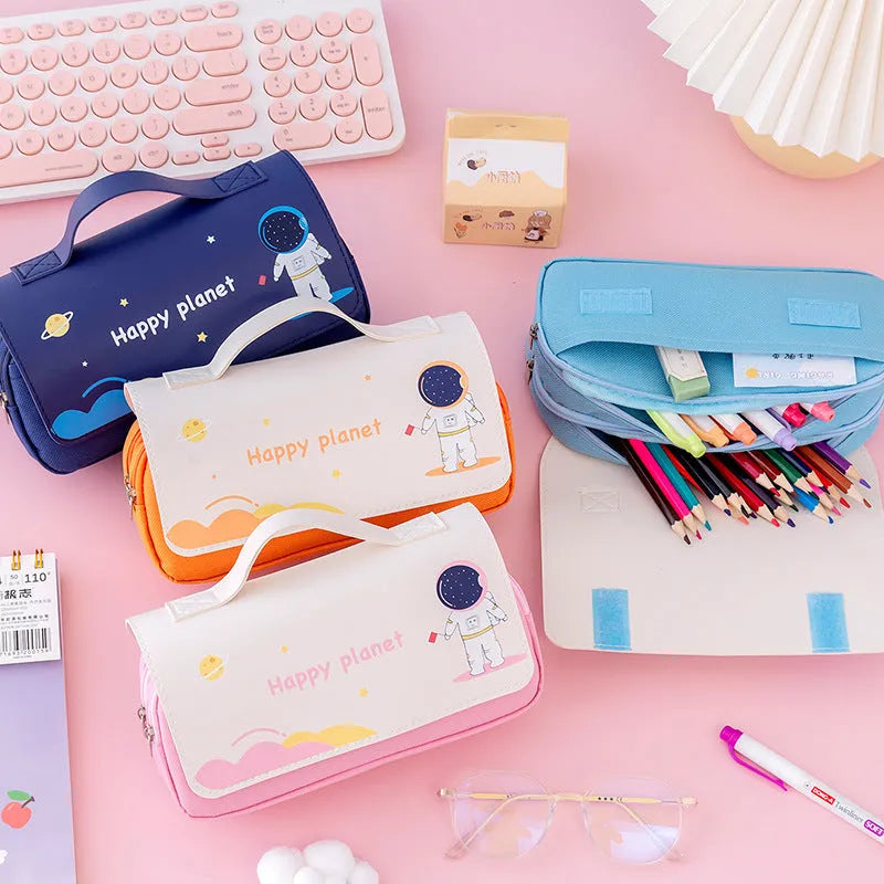 Large-capacity canvas pencil case with hand-painted planet design in multicolour, square 21x10cm, isolated on surface