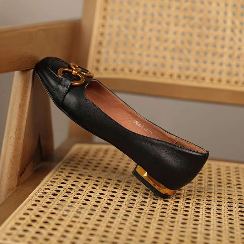 Women's square toe low heel pumps with metal buckle in apricot colour, Wanwan Lei Mary Jane style.