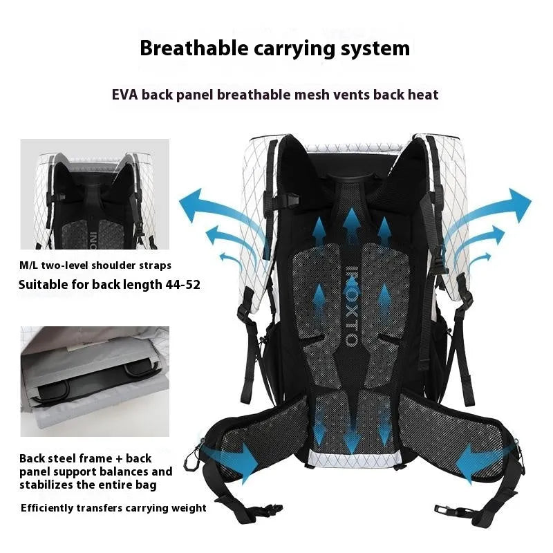 Large capacity waterproof mountaineering backpack with internal frame in black for camping and hiking