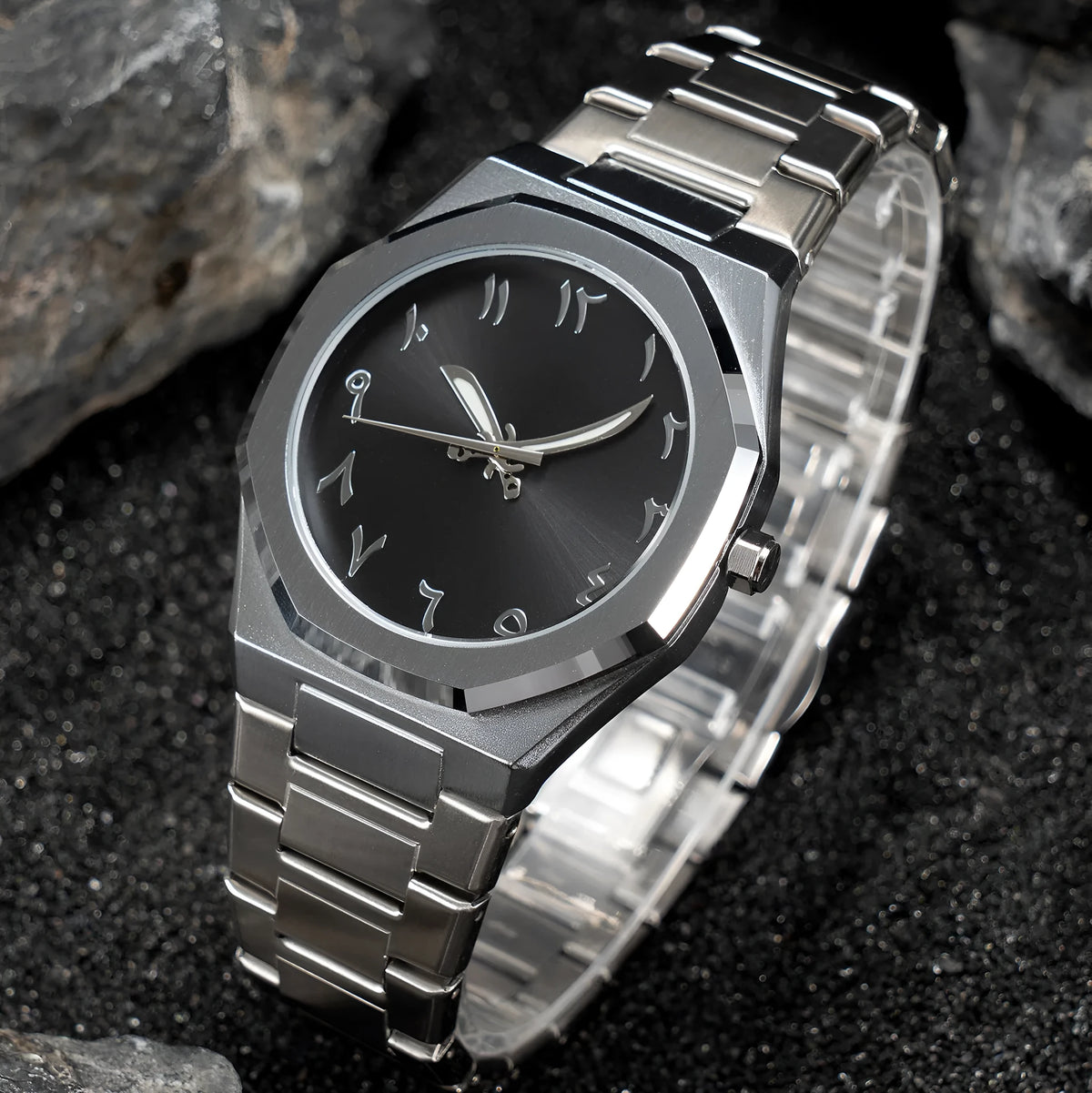 Business casual men's quartz watch with steel belt, black dial, and slim 10mm case