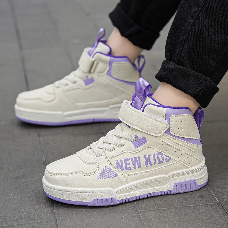 Children's street sneaker with buckle closure in beige green, showing PU upper and rubber sole.