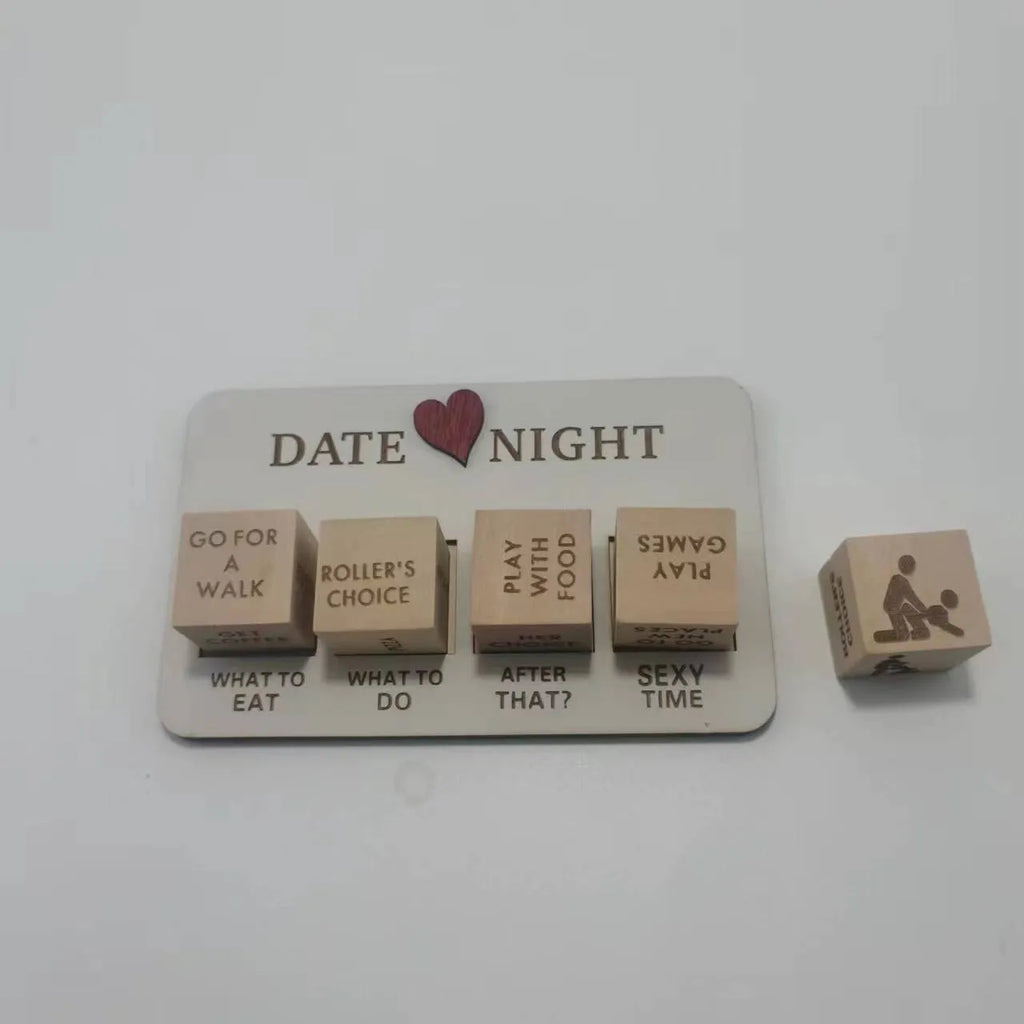 Wooden date night dice set showing five wooden dice, a rectangular planner board, and a black storage bag.