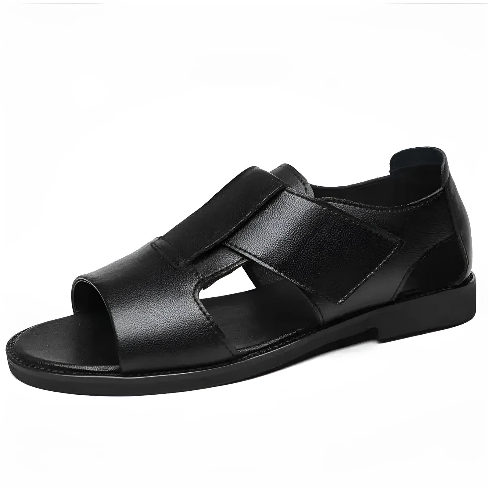 Men's black and brown leather open-toe Roman sandals with a rubber sole on a plain background.