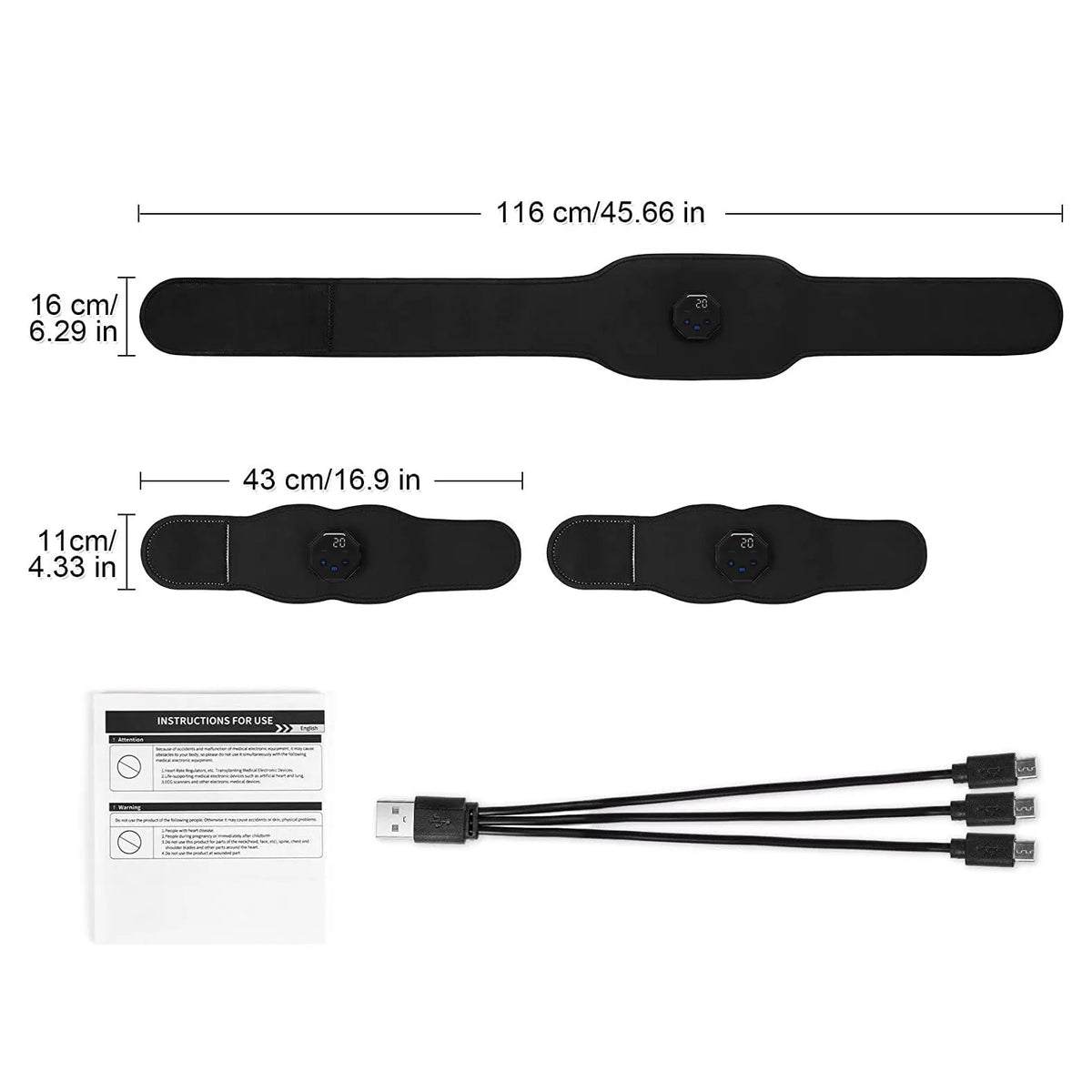 Black rechargeable EMS abdominal sticker set with display, 118 cm length, three pieces
