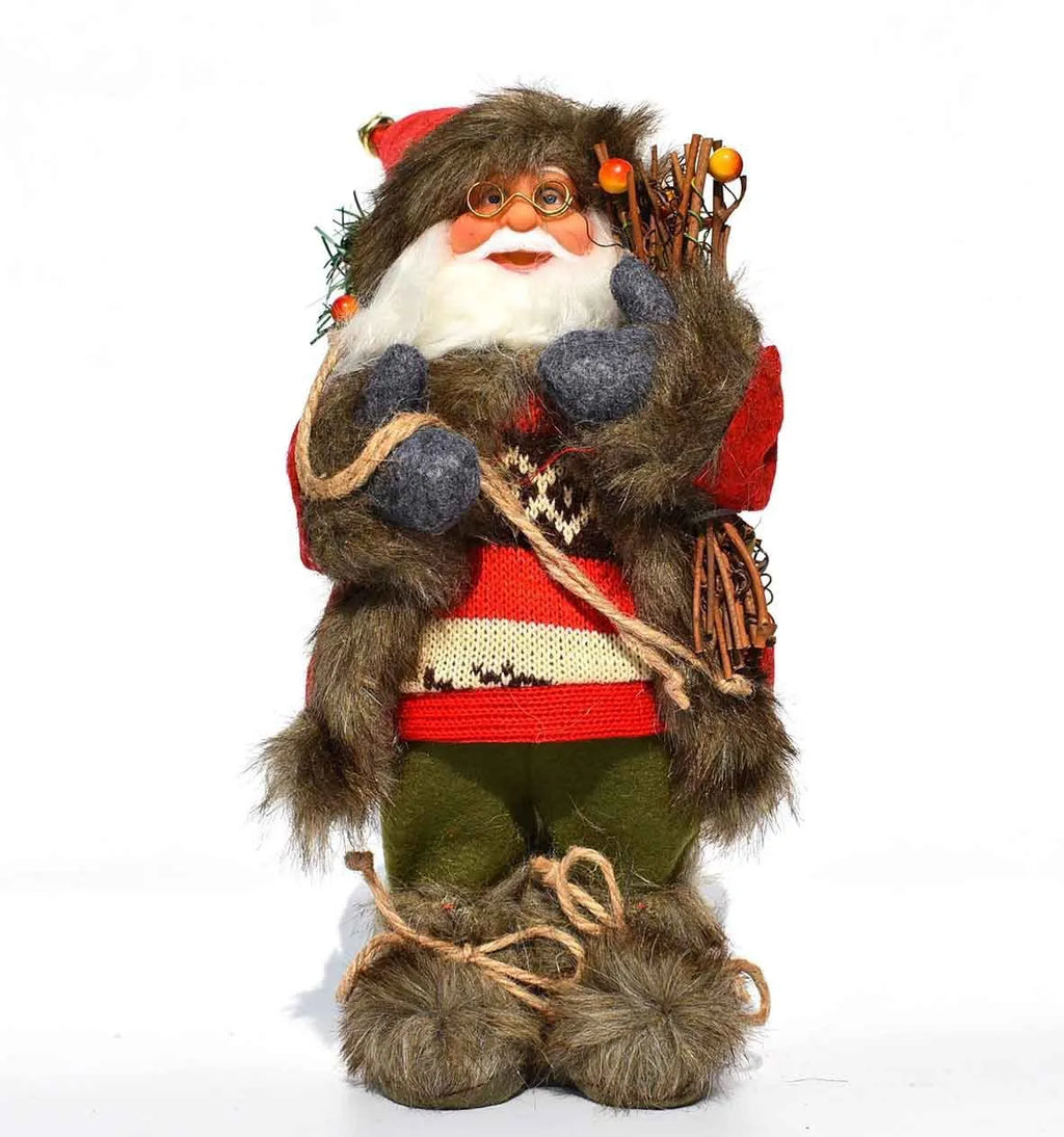 30cm Christmas doll ornament with plastic and cloth construction in red and silver sequins and snowman designs