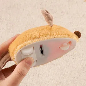 Grey and yellow plush automatic cat toy mouse with feather tail and LED lights
