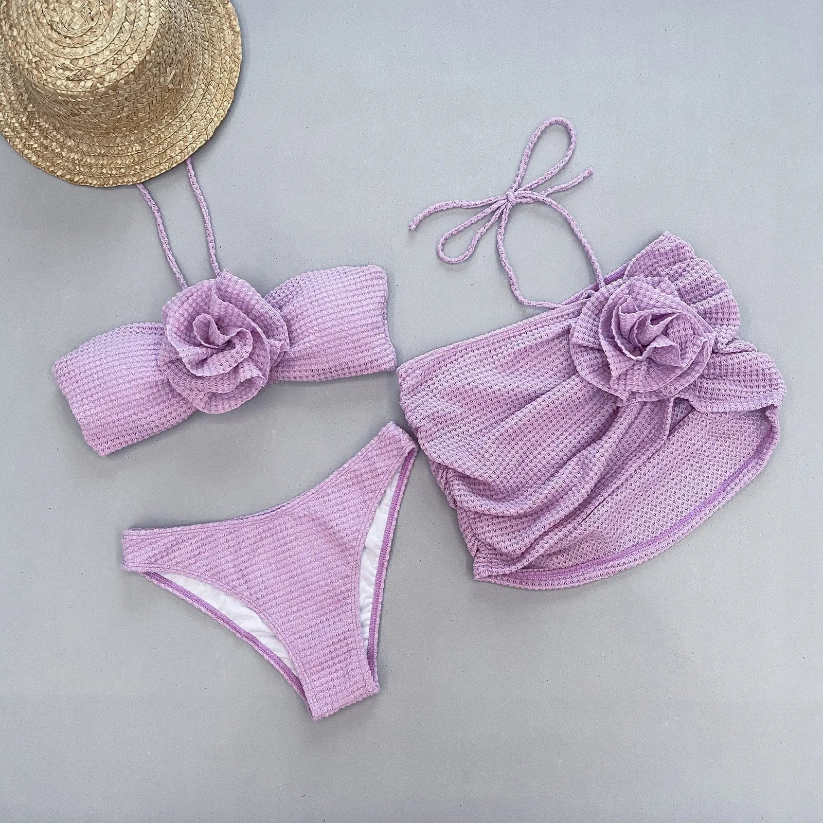 Women's 3D flower split three-piece bikini swimsuit set in purple or white with skirt
