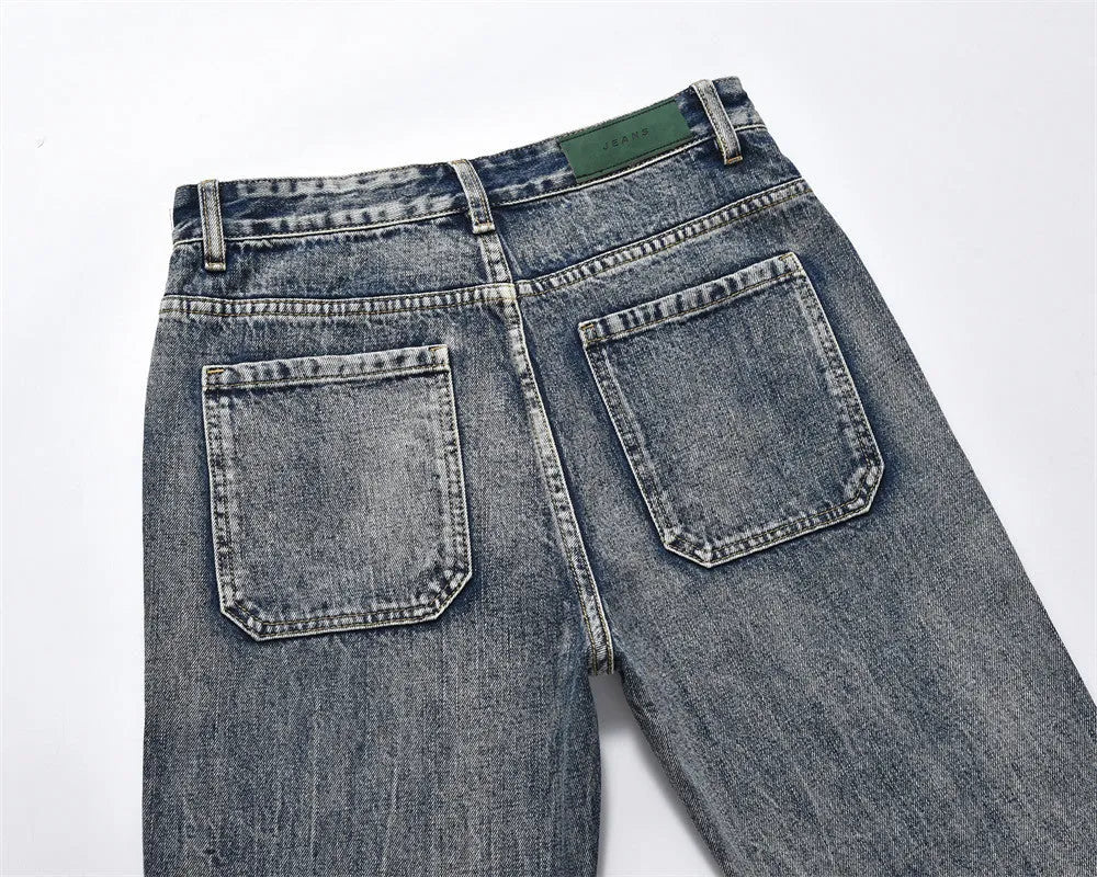 Men's blue denim punk loose straight trousers flat lay
