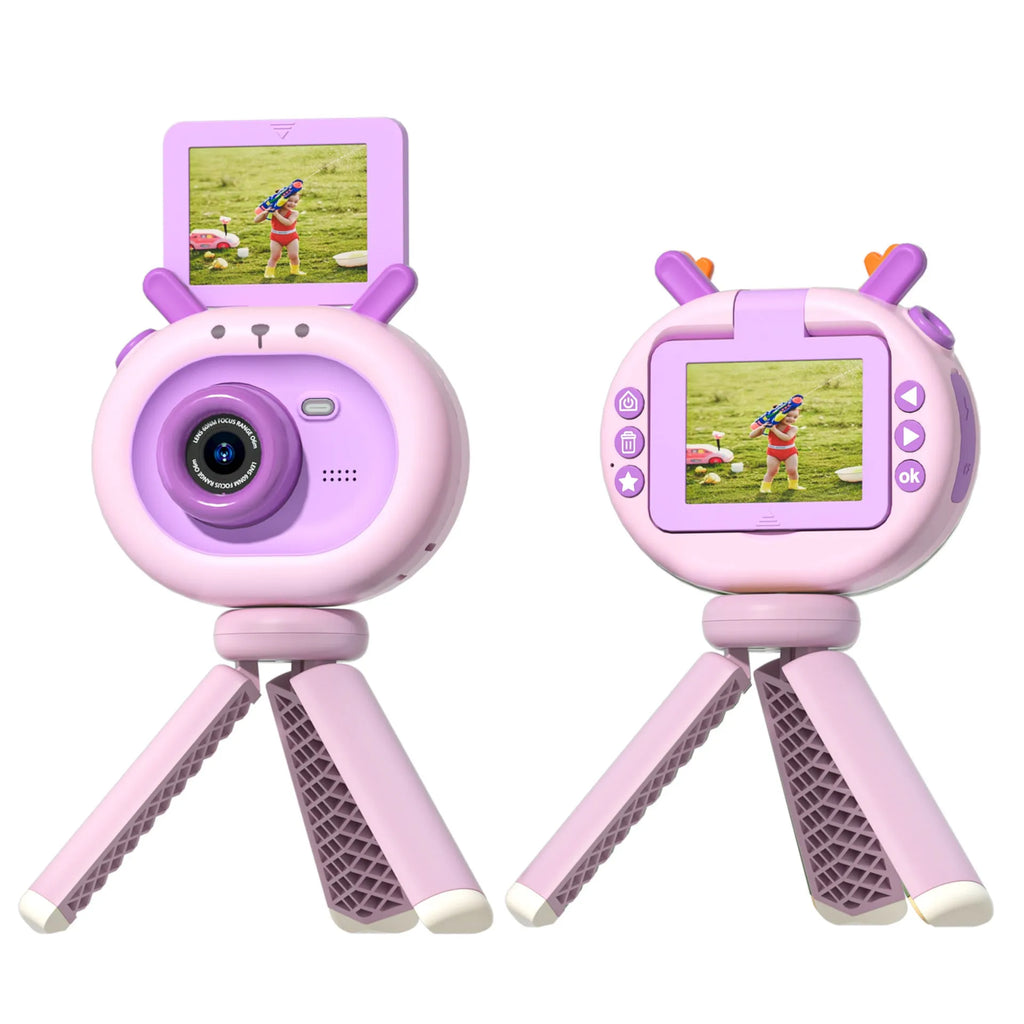 Purple and dark green children's digital camera with flip screen, silicone case, and USB cable
