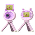 Purple and dark green children's digital camera with flip screen, silicone case, and USB cable