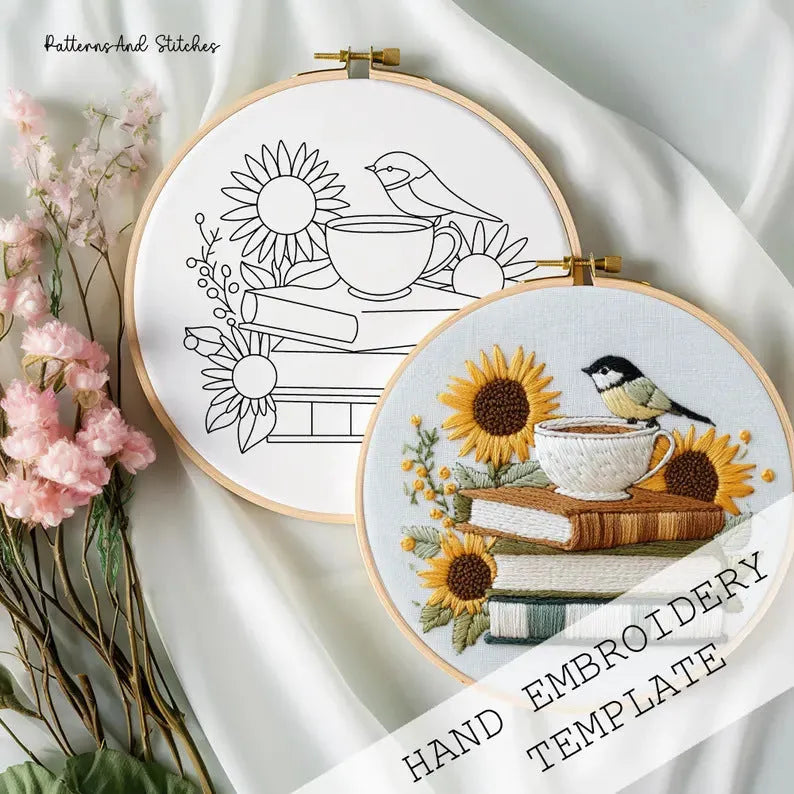Cotton linen embroidery fabric with Bird Sunflower pattern in modern simplicity style