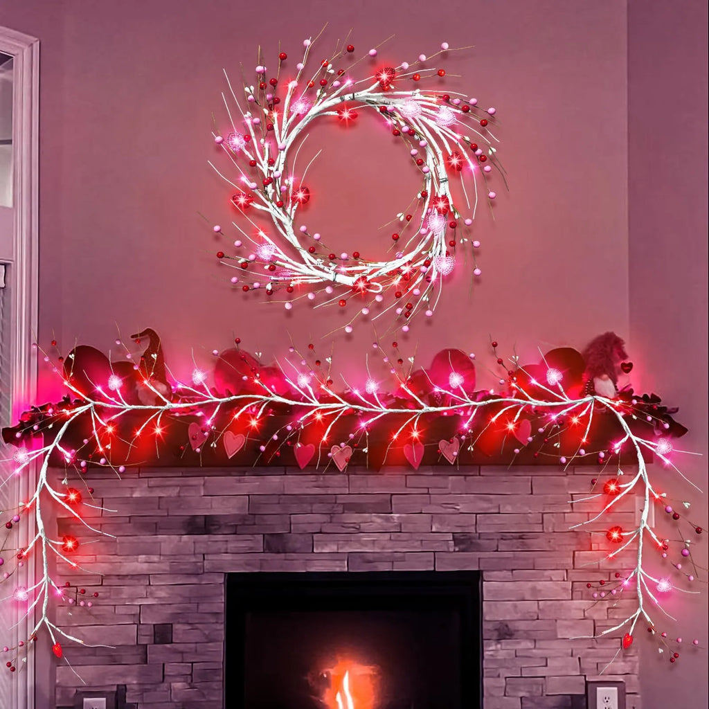 Heart-shaped rattan branch string lights with 48 pink lights on a 1.8m battery-powered string