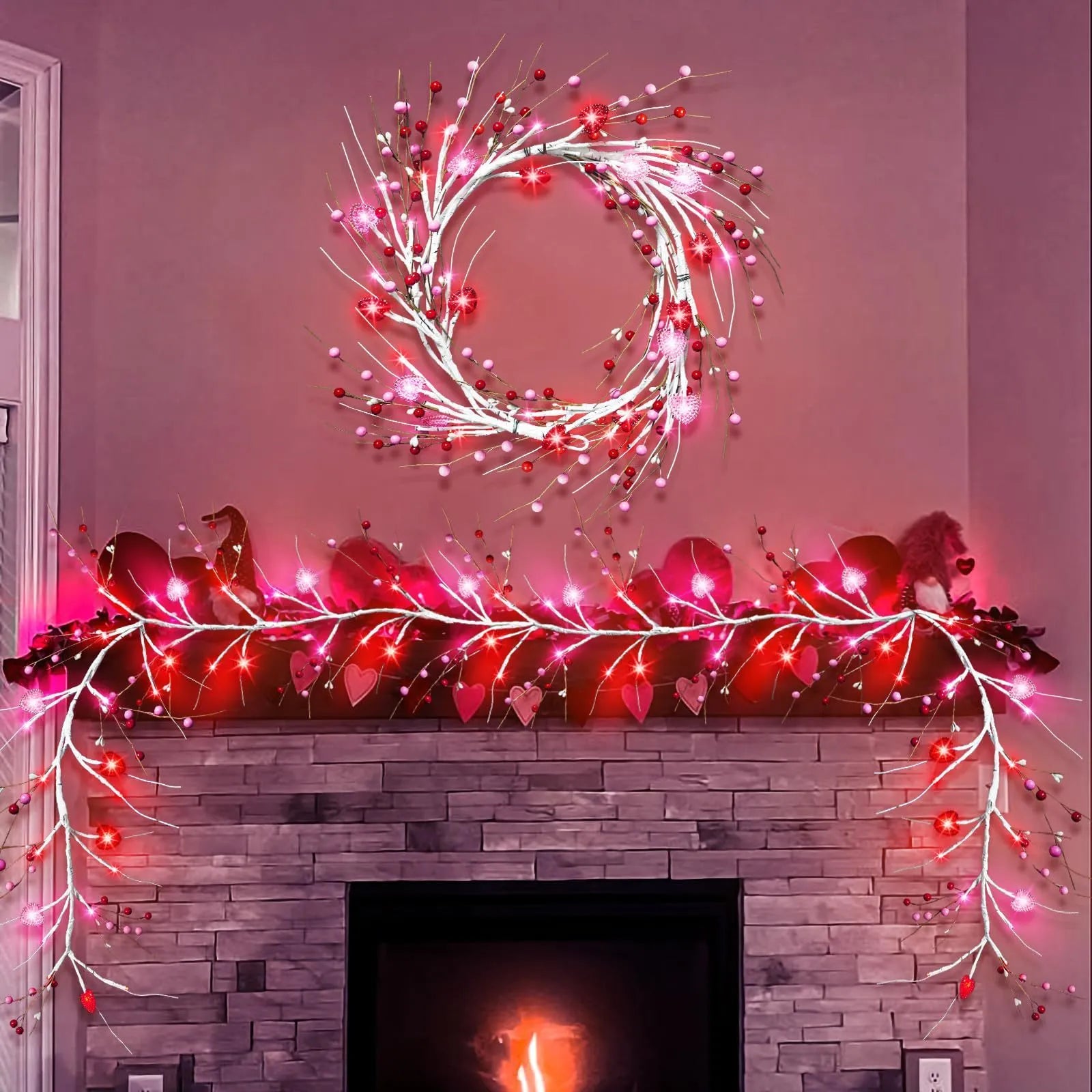 Heart-shaped rattan branch string lights with 48 pink lights on a 1.8m battery-powered string