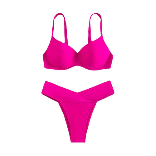Solid colour two-piece bikini swimsuit in a briefs style on a mannequin.