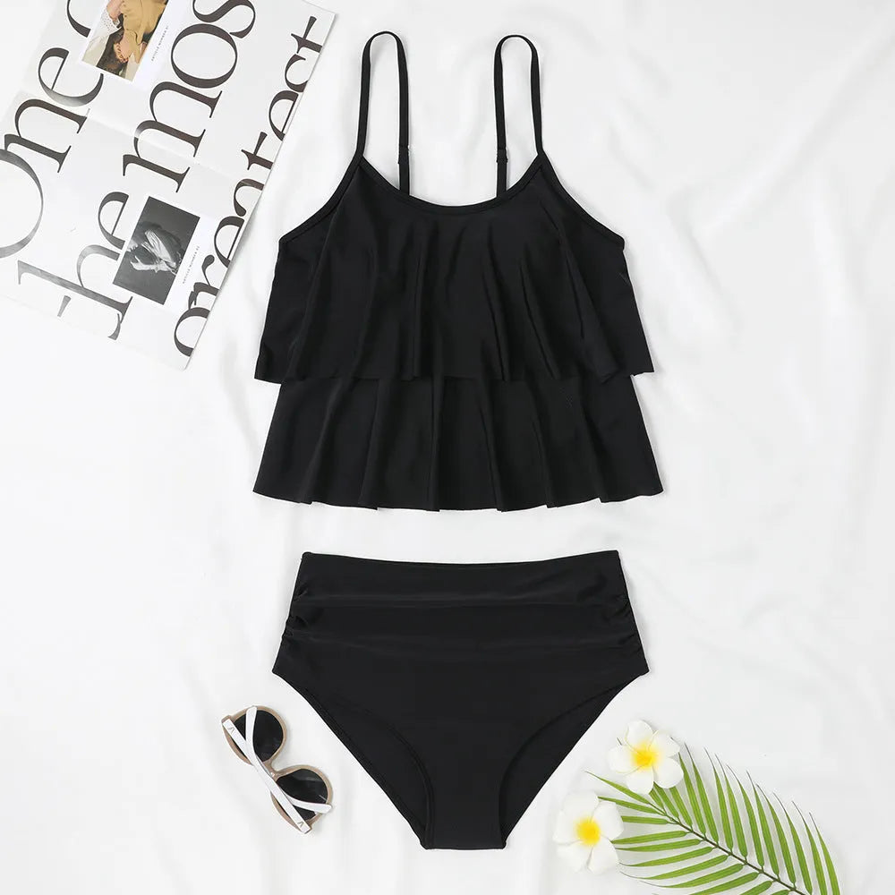 Women's high waist double-layer swimsuit in a black and coconut tree print pattern