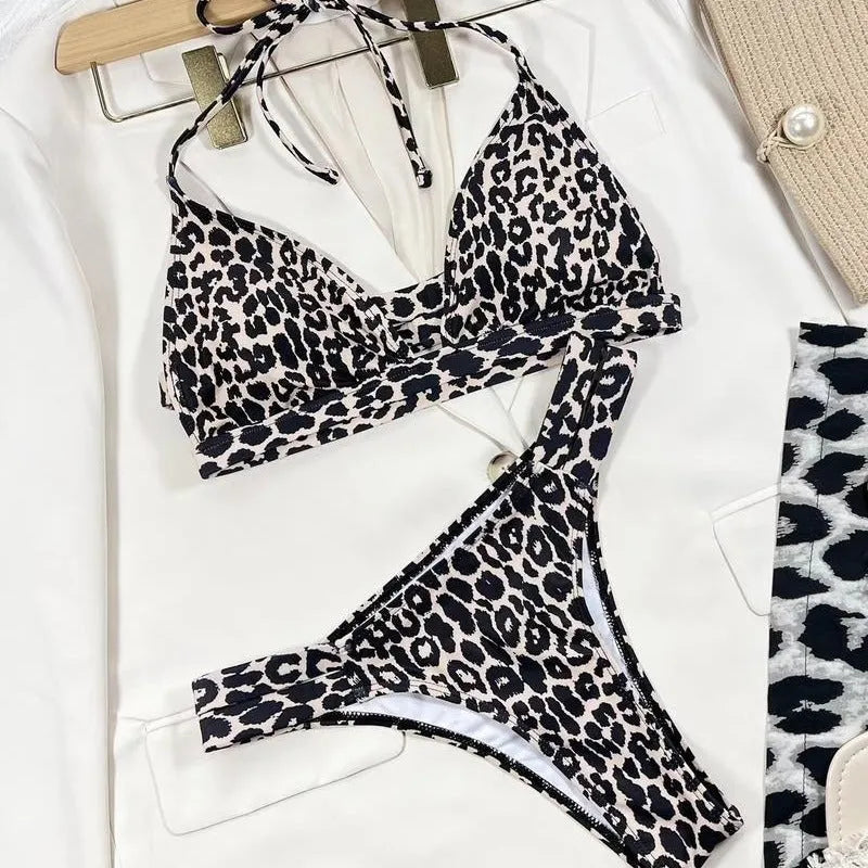 Leopard print high waist two-piece bikini set with polyester outer and lining, sizes S M L