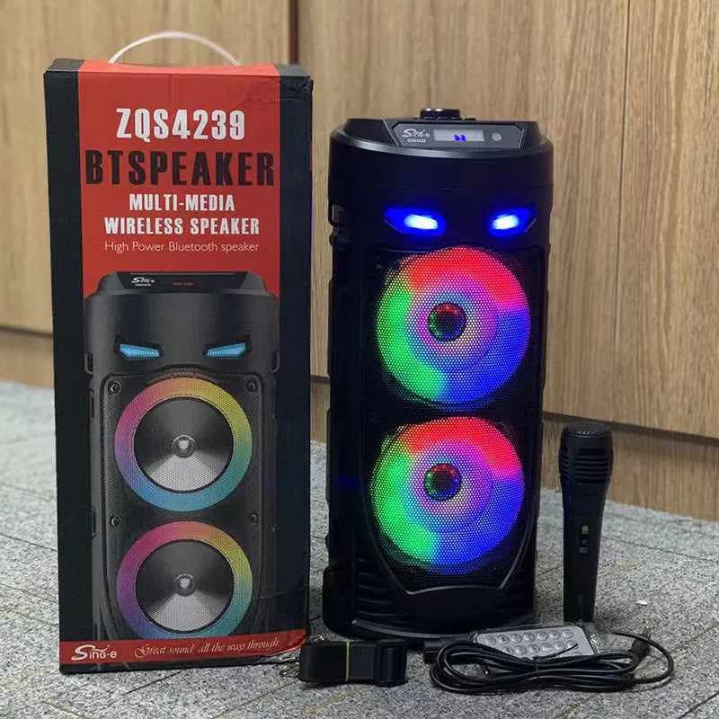 Black portable Bluetooth speaker with dual horn design and card slot