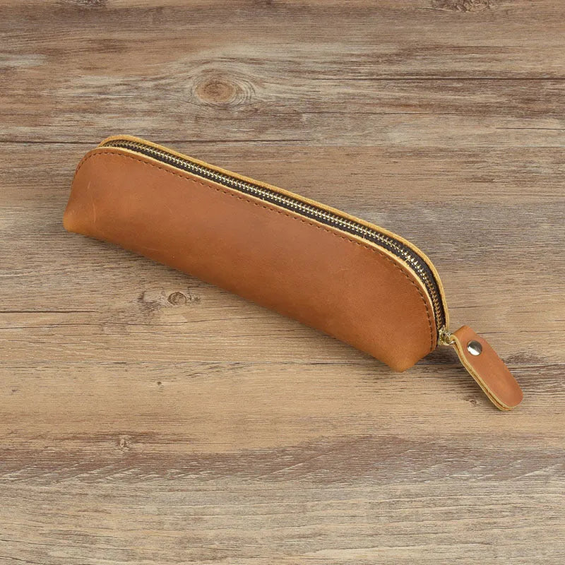 Handmade genuine cowhide leather square pencil case measuring 18cm with zipper closure in solid colour
