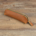 Handmade genuine cowhide leather square pencil case measuring 18cm with zipper closure in solid colour