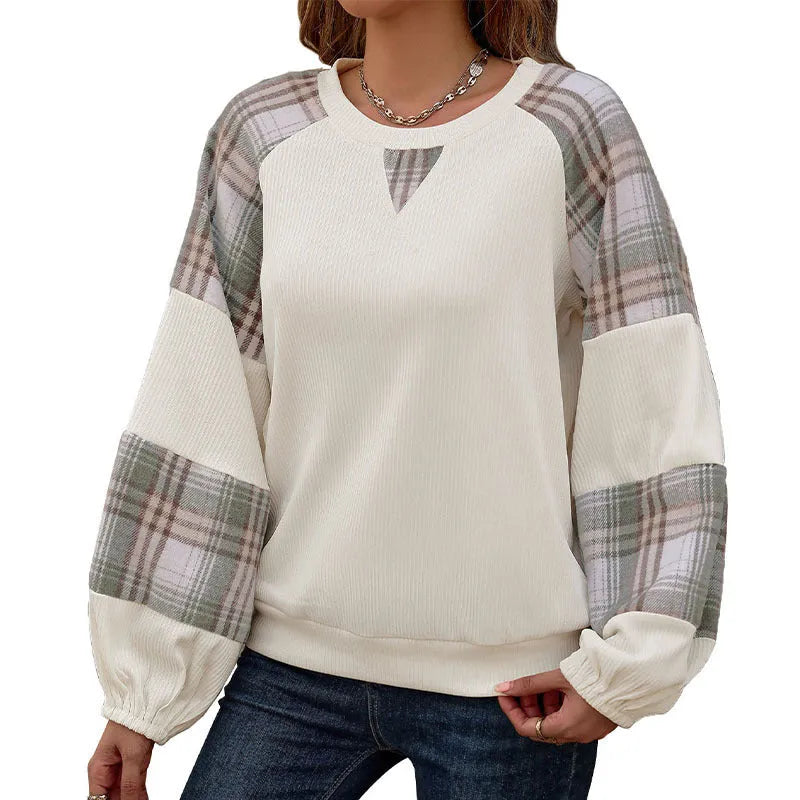 Loose plaid colorblock round neck sweater for women in apricot with long sleeves and pullover style