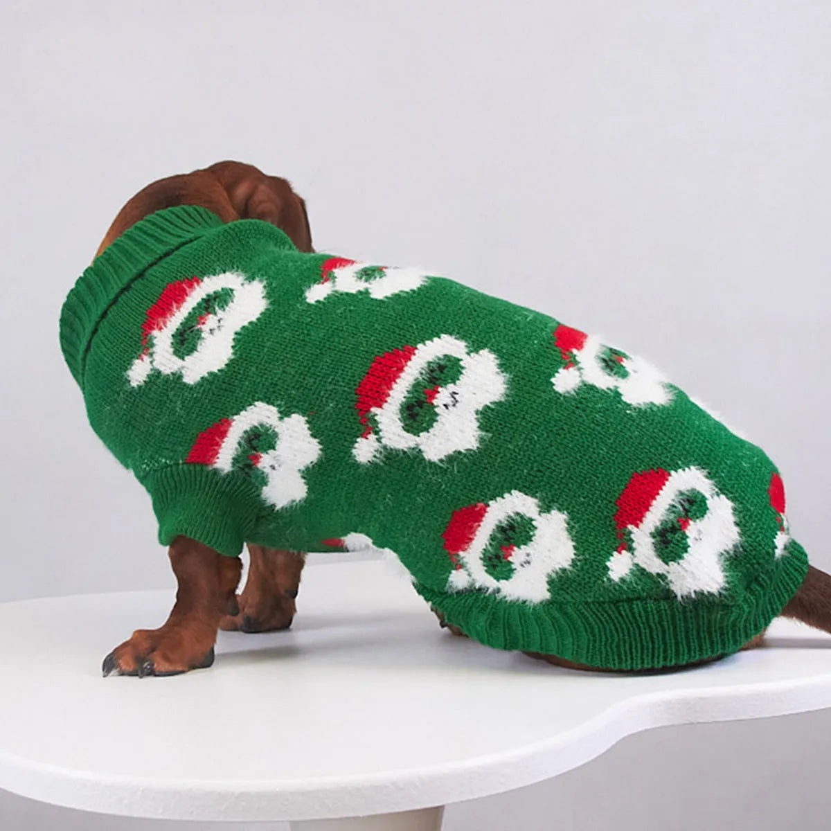 Four coloured pet Christmas sweaters with mink lining in purple, red, green, and khaki sizes 6/XS to 16/XXL