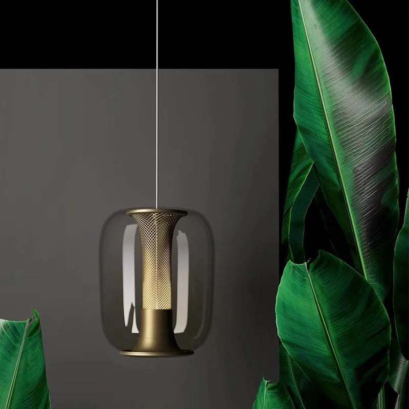Minimalist Nordic chandelier with metal and glass construction in three colour options