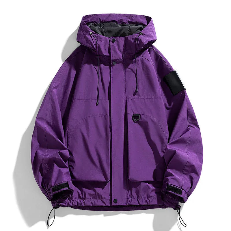 Men's black hooded waterproof windproof jacket on a hanger