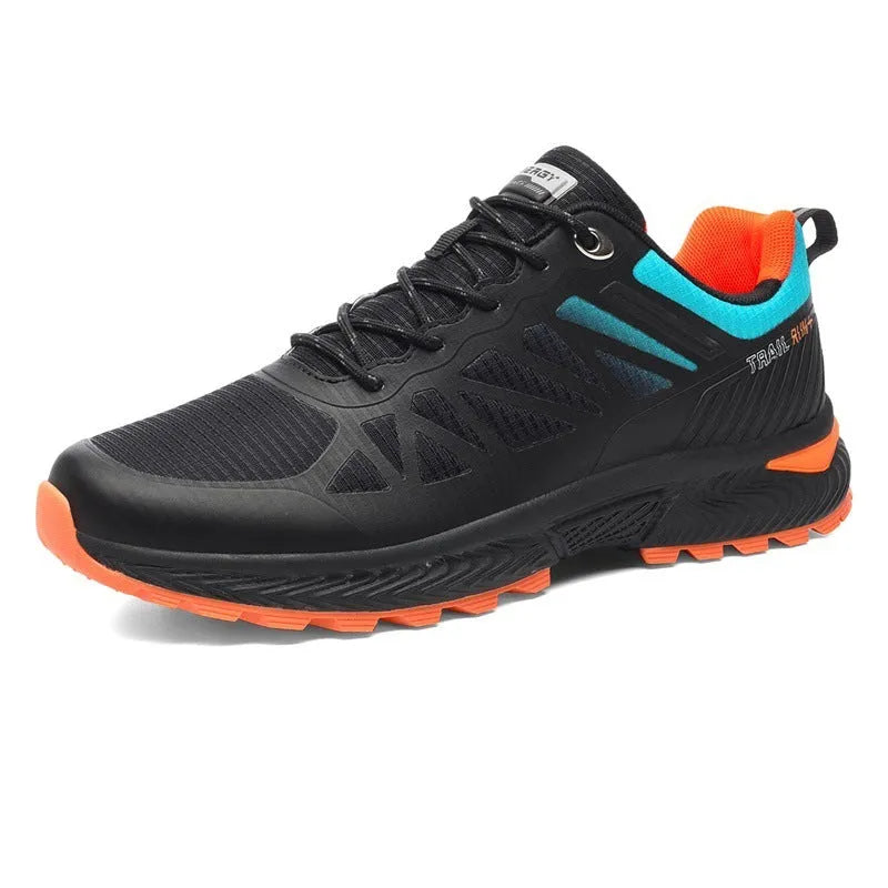 Men's black mesh outdoor running shoes with a rubber sole, shown in a plus size.