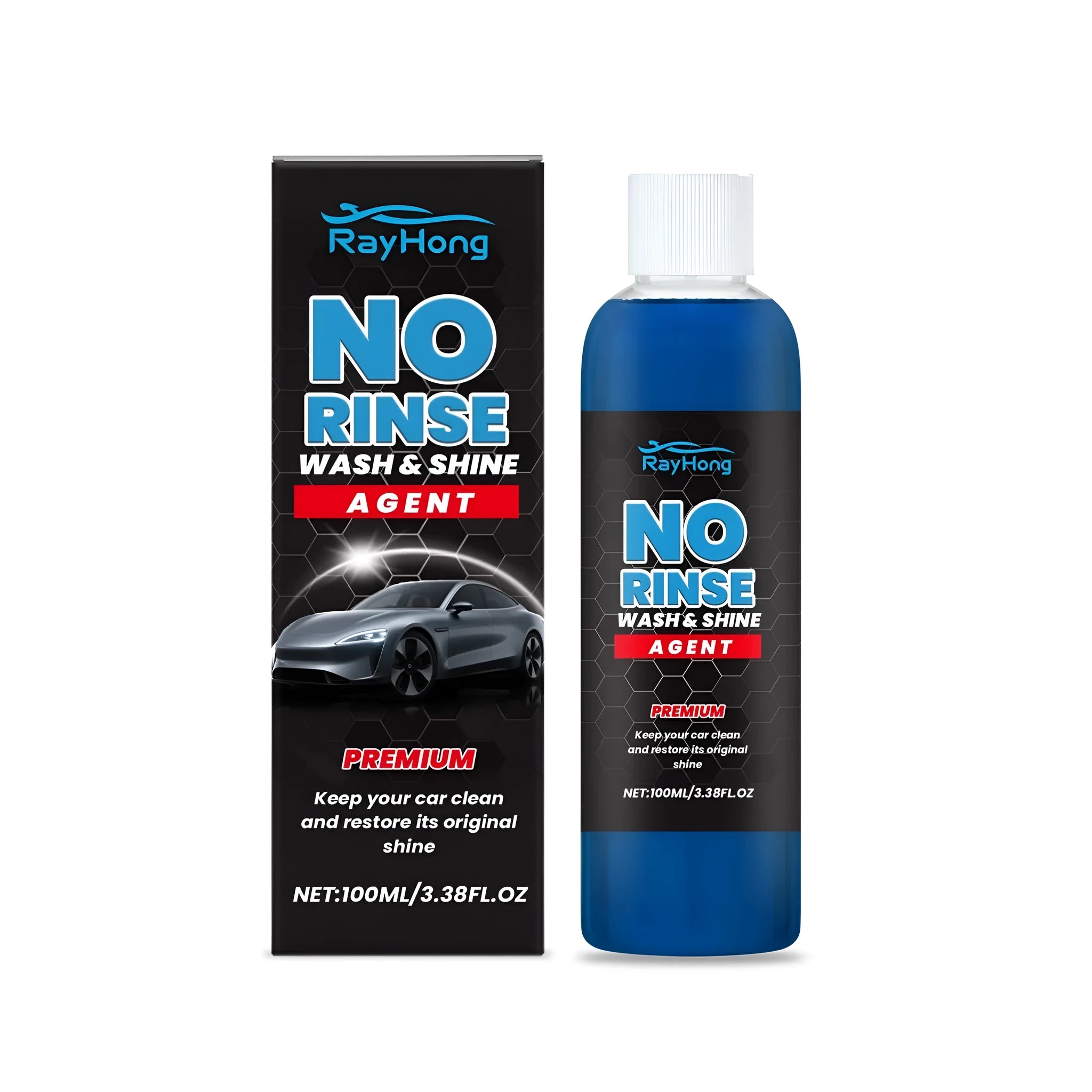 100ml bottle of no rinse car wash and shine agent with gloss formula.