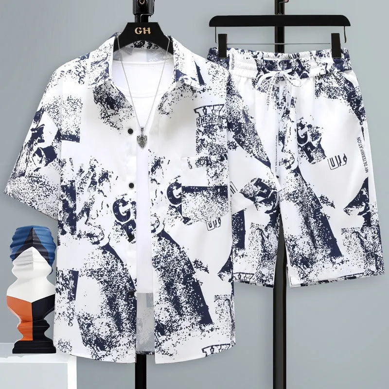 Men's casual polyester short sleeve top and matching shorts two-piece set in assorted colours