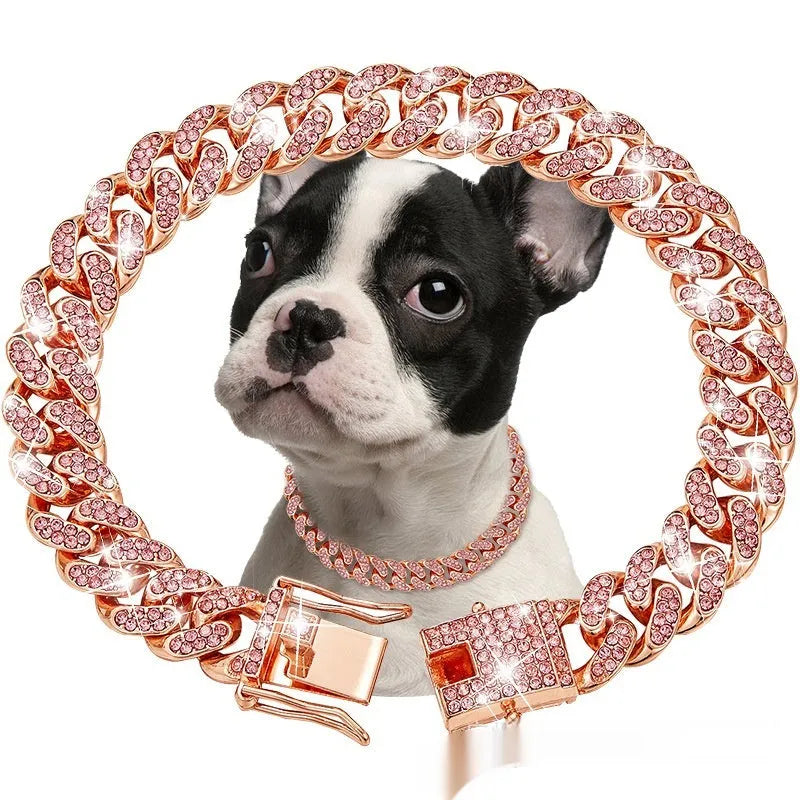 Pet diamond collar Cuban link chain necklace in gold with zinc alloy finish for dogs and cats
