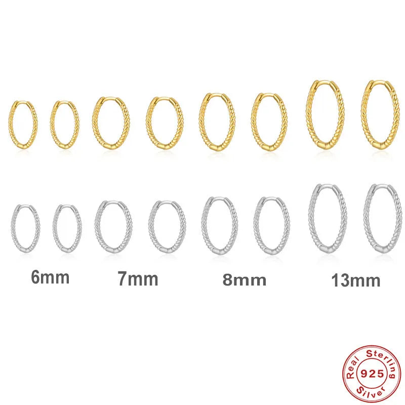 Twisted sterling silver round earrings in gold or white gold, available in 6mm, 7mm, 8mm, 13mm sizes