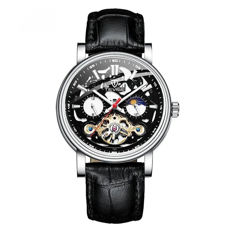 Men's tourbillon mechanical watch with luminous hands on a black leather strap
