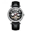 Men's tourbillon mechanical watch with luminous hands on a black leather strap