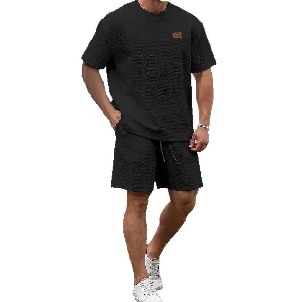 Men's black sports two-piece set with short sleeve rib T-shirt and matching shorts