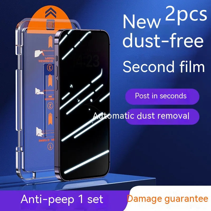 iPhone tempered glass screen protector with dust-free application kit and listening hole dustproof net.