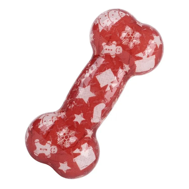 Printed bone-shaped TPR dog chew toy with squeaker in seasonal colour options