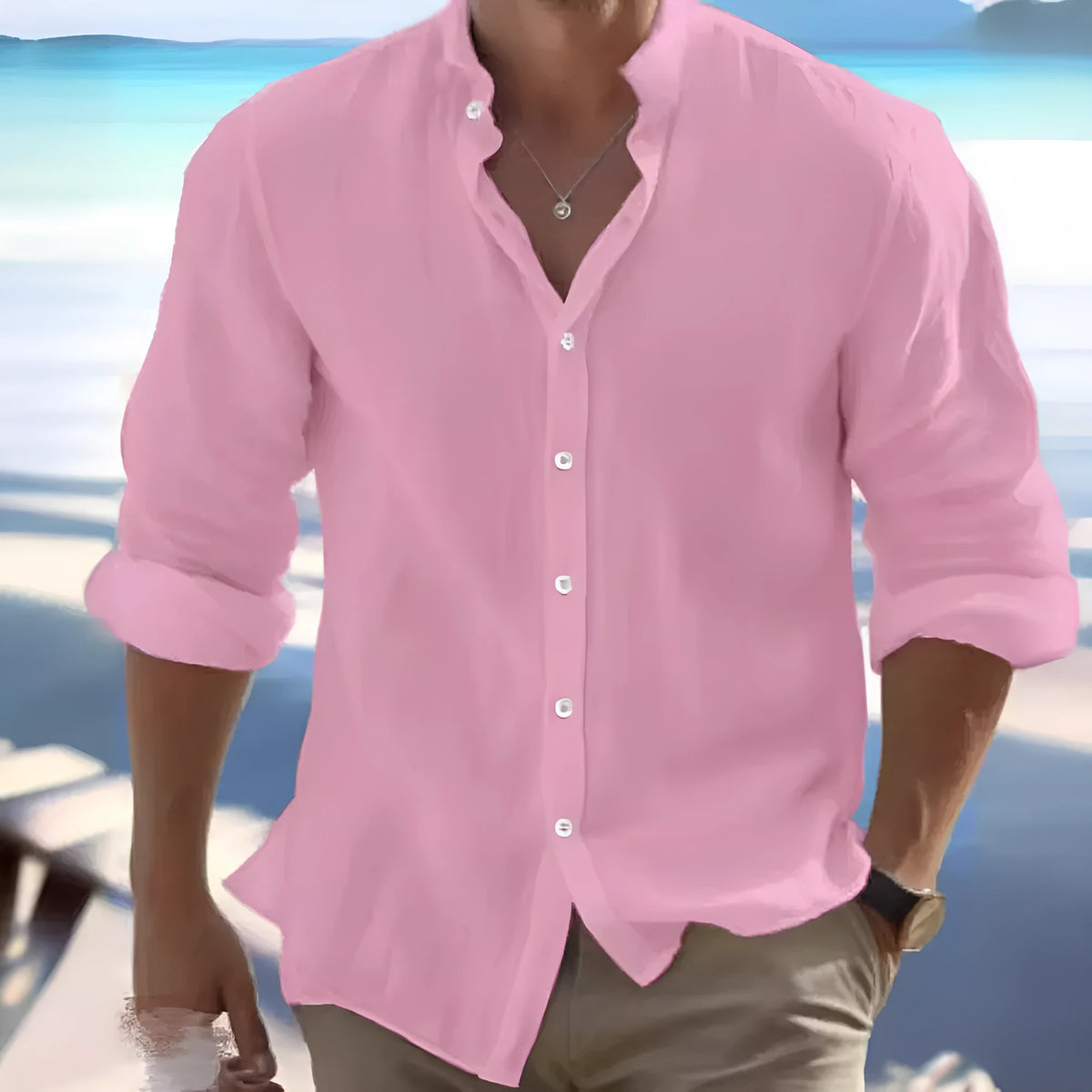 Men's long-staple cotton pullover beach shirt in light blue with button front and stitching details