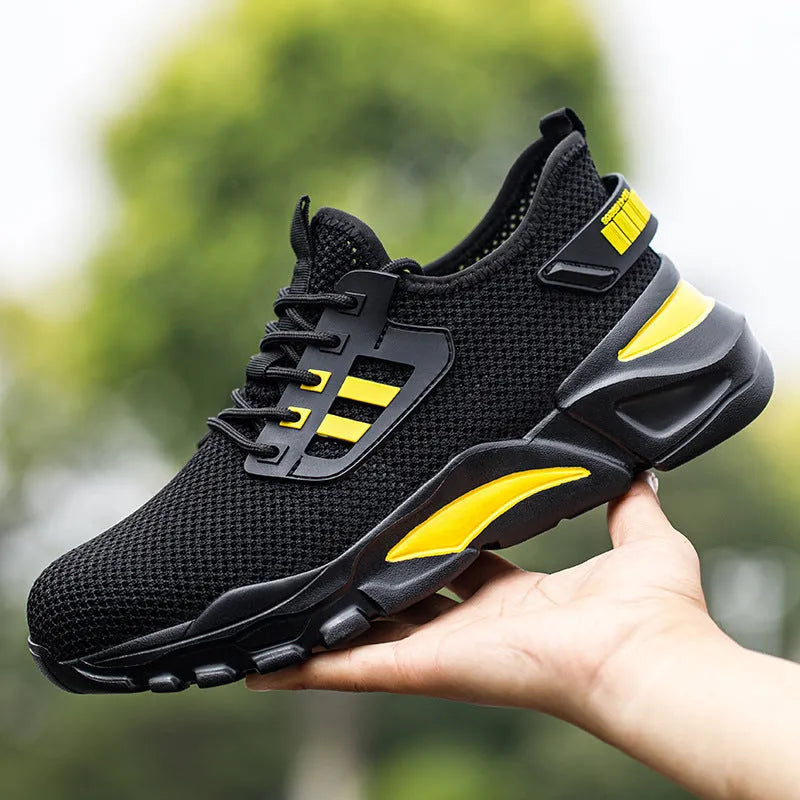 Men's low-top Flyknit safety work shoes in black, featuring a steel toe cap.