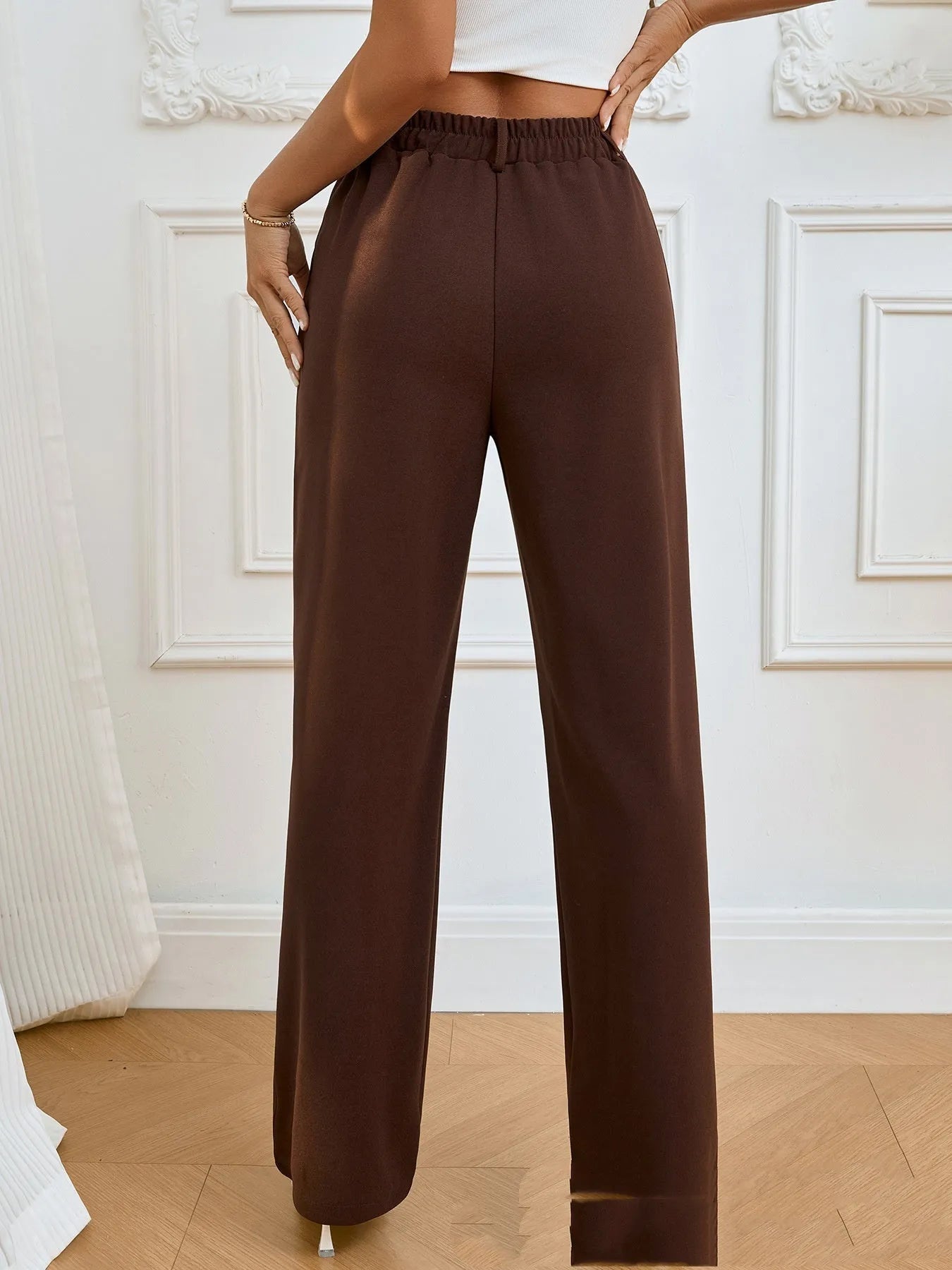 Dark brown women's straight-leg trousers with elastic waist pleated pocket mid-waist design