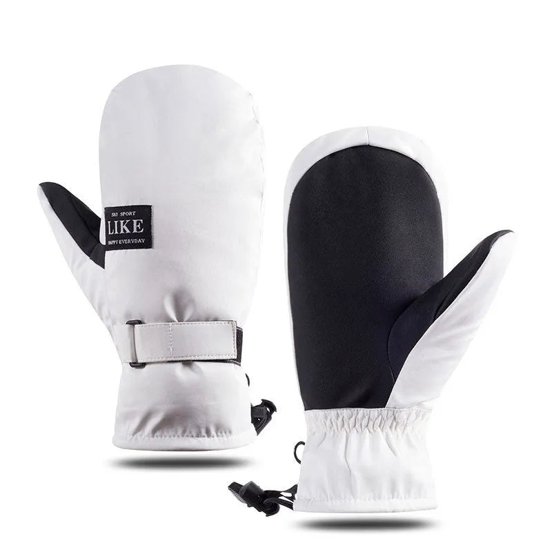Black windproof cycling gloves with touch screen fingertips on a bicycle handlebar.