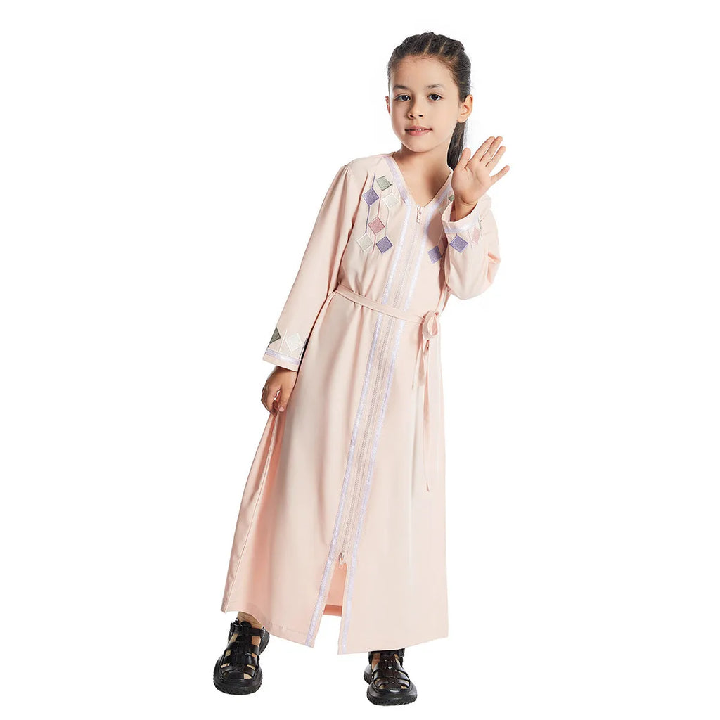 Southeast Asian girls embroidered dress in flounced skirt style, available in black, pink, and purple