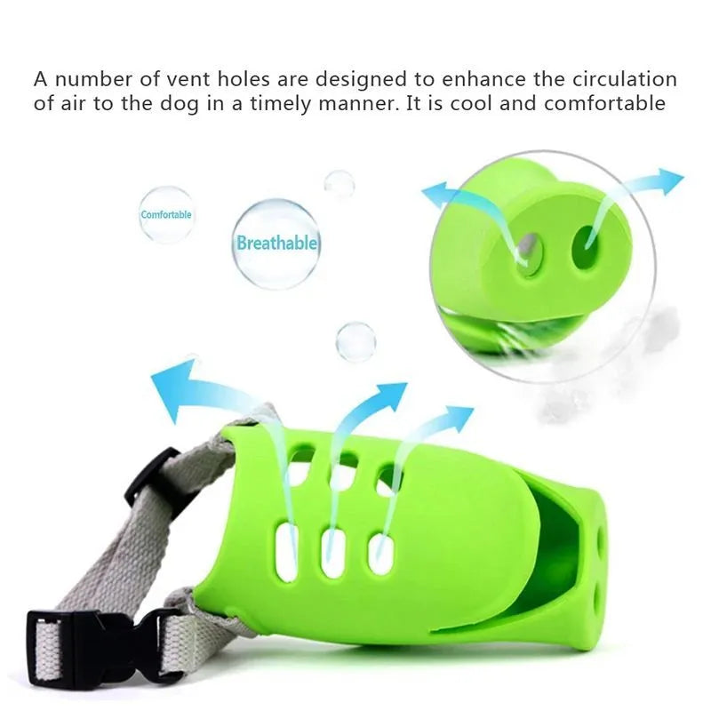 Blue silicone anti-bite mouth cover for dogs showing sizing on long-nosed pet