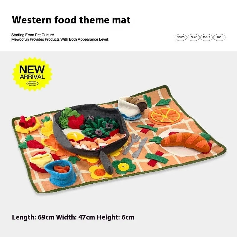 Dog sniffing mat with themed pattern for hiding treats and mental stimulation